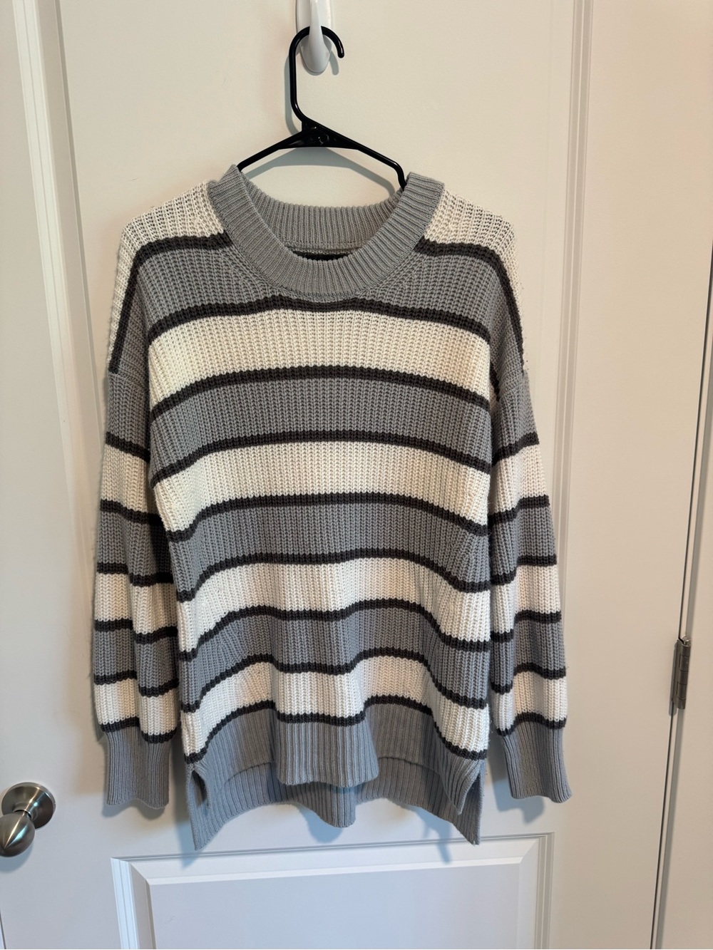 SO Striped Crewneck Sweater in Gray, Cream & Black